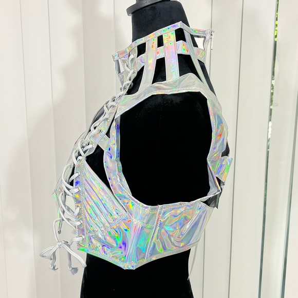 💔SOLD💔 CLUB EXX Rude Awakening Holographic Lace Up Harness Rave Bra Top Silver - Picture 2 of 11